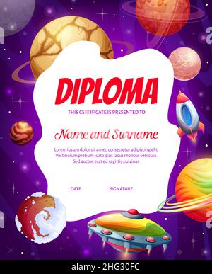 Kids diploma, alieno UFO in galassia spazio pianeti e razzi, vettore. Certificato di riconoscimento della scuola o diploma di apprezzamento dell'asilo con cartoon alien Illustrazione Vettoriale