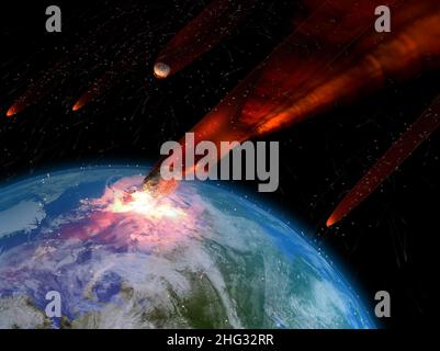 Un'illustrazione di un grande attacco di asteroidi sulla Terra. Un impatto così grande porterebbe all'estinzione della maggior parte della vita sulla Terra. Foto Stock