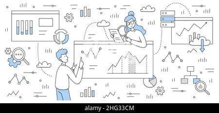 Concetto di analisi dei dati con analisti aziendali grafici di ricerca, grafici e diagrammi delle statistiche di gestione delle vendite, rapporti operativi e indicatori chiave di performance illustrazione vettoriale di Line art doodle Illustrazione Vettoriale