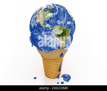 Un'illustrazione del 3-D relativa ai cambiamenti climatici e ai modelli di riscaldamento globale, che raffigura una Terra in fusione su un cono per gelato. Foto Stock