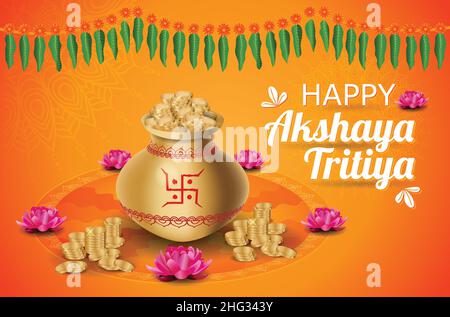 Felice Akshaya Tritiya Festival Poster Banner saluto sfondo. Testo di decorazione appeso in Hindi traduzione: " Akshaya Tritiya " primavera annuale Illustrazione Vettoriale