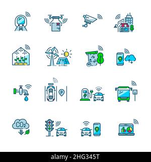 Icone delle città intelligenti impostate. CCTV, consegna droni, parcheggio intelligente e gestione del traffico, fonti di energia sostenibili. Pixel Perfect, tratto modificabile Illustrazione Vettoriale