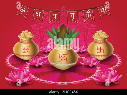 Felice Akshaya Tritiya Festival Poster Banner saluto sfondo. Testo di decorazione appeso in Hindi traduzione: " Akshaya Tritiya " primavera annuale Illustrazione Vettoriale