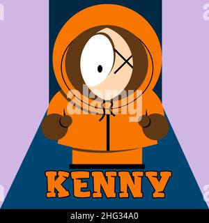 Logo minimal di male cartone animato eroe Kenny su sfondo a colori o adesivo 1 Illustrazione Vettoriale