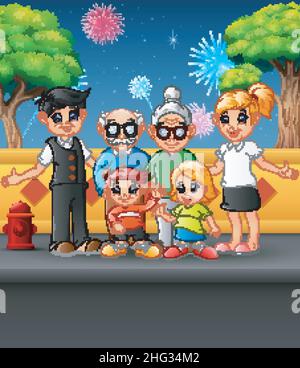 Happy grande famiglia all'aperto con uno sfondo di fuochi d'artificio nel cielo Illustrazione Vettoriale
