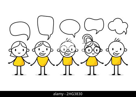 Insieme di figure con bolle di dialogo. Uomo di barbaccello disegnato a mano. Icone di affari con stickman divertente. Illustrazione dello stock vettoriale. Illustrazione Vettoriale