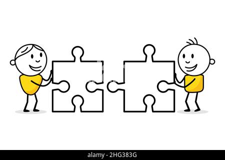 Due figure di bastone sorridenti che tengono elementi puzzle. Doodle a mano uomini. Concetto di business con divertente stickman. Illustrazione dello stock vettoriale. Illustrazione Vettoriale