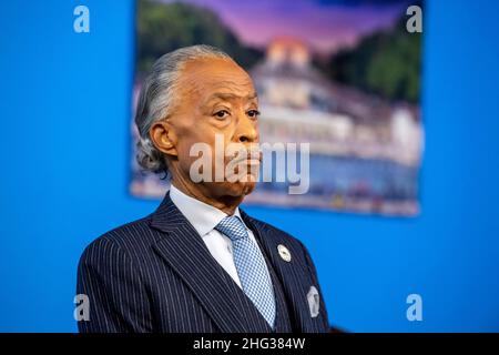 NEW YORK, NY - GENNAIO 17: Il Rev. Al Sharpton parla durante un evento Martin Luther King Jr. Day a Harlem il 17 Gennaio 2022 a New York City. Foto Stock