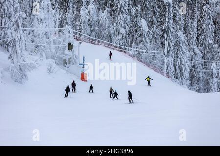 Sciatori che sciano su una pista innevata a Vuokatti, Finlandia Foto Stock
