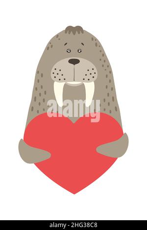 Carino cartoon Walrus morse mare mucca tiene un segno di cuore con spazio copia. Set San Valentino biglietto di auguri banner invito opuscolo. Cartoon mano Illustrazione Vettoriale