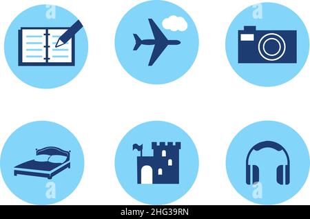 illustrazione vettoriale stile di vita icona set libro telecamera aereo letto castello cuffie Illustrazione Vettoriale
