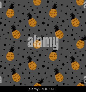 Modello senza cuciture con ananas disegnati a mano su sfondo grigio. Illustrazione vettoriale. Illustrazione Vettoriale