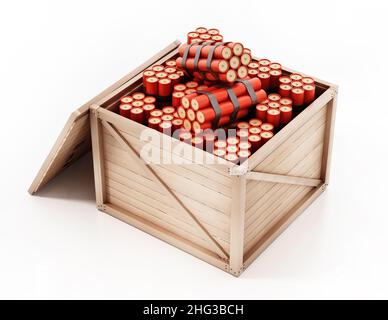 Cassa di legno piena di dinamiti. 3D illustrazione. Foto Stock