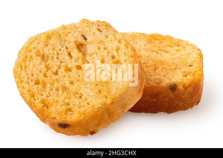 Due patatine di bruschetta di olive e pomodoro isolate su bianco. Foto Stock