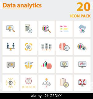 Set di icone Data Analytics. Raccolta di elementi semplici come stock, elaborazione batch, big data, data center, deep learning, vault Illustrazione Vettoriale