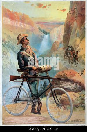 Litografia del 19th secolo della porta d'Oro. Tramonto nel parco di Yellowstone. 1897 la stampa vintage mostra un uomo, con una bicicletta alla quale è fissato un fucile, s Foto Stock