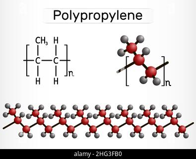 Polipropilene (PP), molecola di polipropene. È un polimero termoplastico di propilene. Formula chimica strutturale e modello molecolare. Illustratio vettoriale Illustrazione Vettoriale