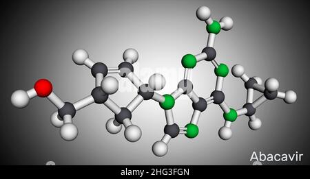 Abacavir, molecola ABC. È un inibitore della transcriptasi inversa nucleosidica antivirale NRTI, usato per il trattamento dell'HIV e dell'AIDS. Modello molecolare. 3D giri Foto Stock