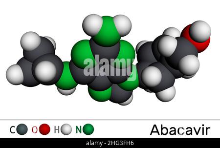 Abacavir, molecola ABC. È un inibitore della transcriptasi inversa nucleosidica antivirale NRTI, usato per il trattamento dell'HIV e dell'AIDS. Modello molecolare. 3D giri Foto Stock