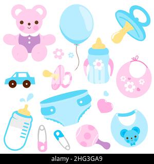 Accessori per bambini e bambini nei colori blu pastello e rosa. Set doccia per bambini, biberon, pannolini, giocattoli. Neonato e bambino. Foto Stock