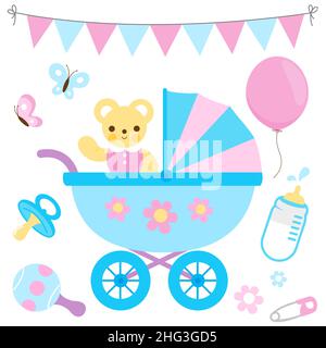 Passeggino, simpatico orsacchiotto e accessori. Festa per bambini. Foto Stock