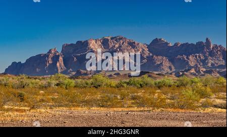 Kofa Mountains, vista all'alba da King Road a King Valley, deserto di sonora, Arizona, Stati Uniti Foto Stock