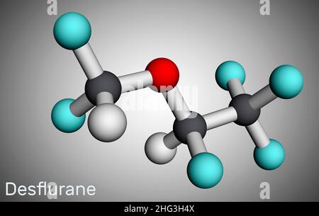 Molecola di desflurano. È composto di organofluorina, anestetico per inalazione. Modello molecolare. 3D rendering. Illustrazione Foto Stock