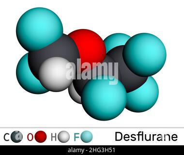 Molecola di desflurano. È composto di organofluorina, anestetico per inalazione. Modello molecolare. 3D rendering. Illustrazione Foto Stock