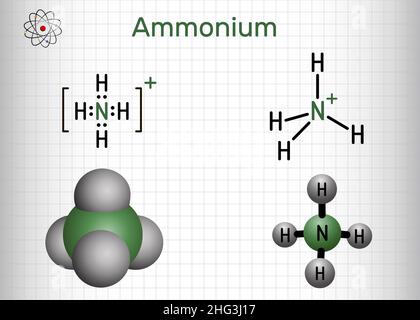 Catione di ammonio, molecola di azanio. È ione poliatomico caricato positivamente. Formula chimica strutturale e modello molecolare. Foglio di carta in gabbia. Illustrazione Vettoriale