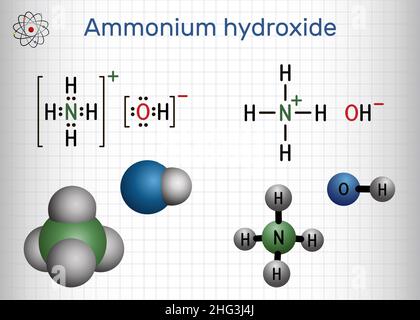 Idrossido di ammonio, soluzione di ammoniaca, NH4OH molecole. Formula chimica strutturale e modello molecolare. Foglio di carta in gabbia. Illustrazione vettoriale Illustrazione Vettoriale