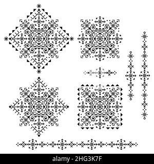 Set di design vettoriale geometrico a linee tribali - ornamenti quadrati e lunghi, moderni motivi minimal in bianco e nero ispirati al vecchio nordico Illustrazione Vettoriale