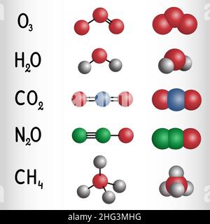 Acqua, anidride carbonica, metano, protossido di azoto, molecola di ozono. Gas serra. Formula chimica e modello molecolare. Illustrazione vettoriale Illustrazione Vettoriale