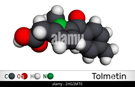 Molecola di tolmetina. È acido monocarbossilico, antinfiammatorio non steroideo FANS. Modello molecolare. 3D rendering. Illustrazione Foto Stock