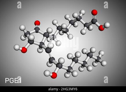Prostaglandina E1, PGE1, molecola di alprostadil. È potente agente vasodilatatore, farmaco usato per trattare la disfunzione erettile. Modello molecolare. 3D rende Foto Stock