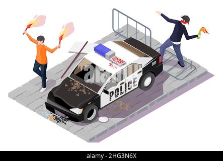 Azione di protesta contro la polizia, illustrazione isometrica vettoriale. Violenti disordini pubblici, sommossa di strada. Illustrazione Vettoriale