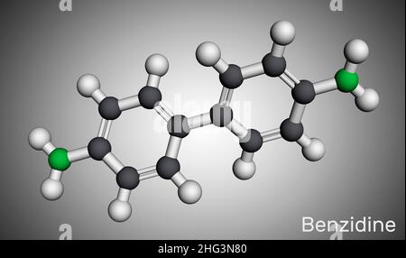 Molecola di benzidina. Si tratta di ammina aromatica, utilizzata per la rilevazione del sangue e come reagente nella produzione di coloranti. Modello molecolare. 3D rendering. Foto Stock