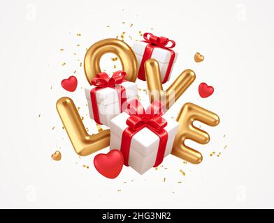 3D scatole regalo San Valentino con archi rossi. Gold word Love 3D realistico sullo sfondo scatole regalo isolato su sfondo bianco. Illustrazione vettoriale Illustrazione Vettoriale