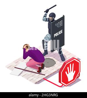 Scena d'azione di protesta. Ufficiale di polizia che colpisce attivista in testa con batone, illustrazione vettoriale. Fermare la protesta della violenza Illustrazione Vettoriale