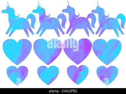 Set colorato con unicorni e cuori per adesivi e carte e poster e cartoline e riviste, bambini e hobby Foto Stock