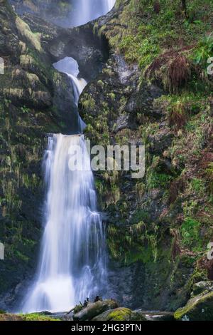 Ponte in pietra naturale che attraversa Pistyll Rhaeadr a 240ft (73m) questa è la cascata più alta del Regno Unito, Powys Wales. Gennaio 2022 Foto Stock