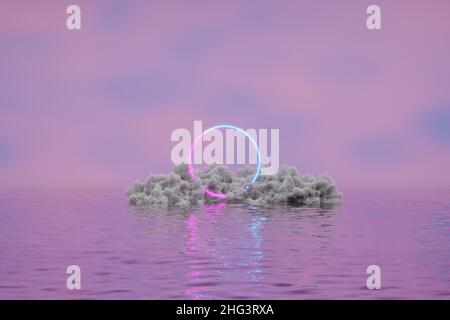 Astratto nube minimale con rosa e blu neon chiaro cornice rotonda illuminato nube incandescente con forma geometrica sulla superficie d'acqua 3D rendering illu Foto Stock