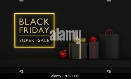 Black Friday Super sale realistico nero scatola regalo e shopping bag su scaffale fondo scuro testo dorato scritta in luce brillante luce brillante neon fra Foto Stock