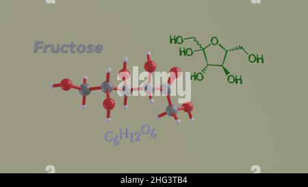 Fruttosio o levulosio riduzione zucchero ketosio scienza struttura chimica e modello 3D rendering illustrazione Foto Stock