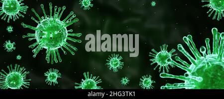 Coronavirus batteri COVID-19 banner, illustrazione vista microscopica di cellule fluttuanti del virus influenzale, resa 3D Foto Stock