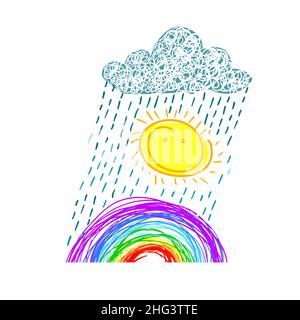 Sole, arcobaleno e nuvole disegno carino infantile. Illustrazione del vettore meteo Illustrazione Vettoriale