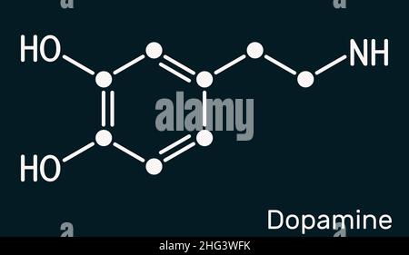 Dopamina,molecola da. Si tratta di neurotrasmettitore monoamminico, neuromodulatore, farmaci. Formula chimica scheletrica su sfondo blu scuro. Illustratio Foto Stock