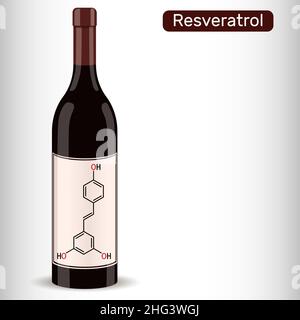 Molecola di resveratrolo e bottiglia di vino. Il resveratrolo è fenolo naturale, fitoalexina, antiossidante. Formula chimica scheletrica. Illustrazione vettoriale Illustrazione Vettoriale