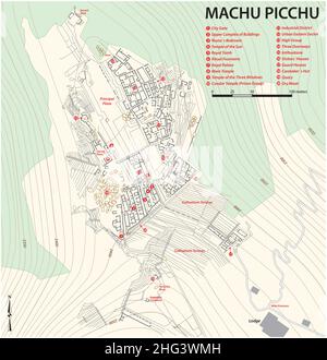 Mappa della rovina Inca Città Machu Picchu, Cusco, Perù Illustrazione Vettoriale