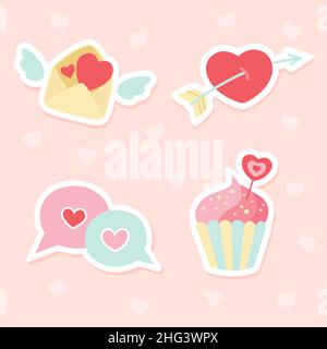 Set di adesivi da giorno per valentine piatte illustrazione vettoriale. Illustrazione Vettoriale