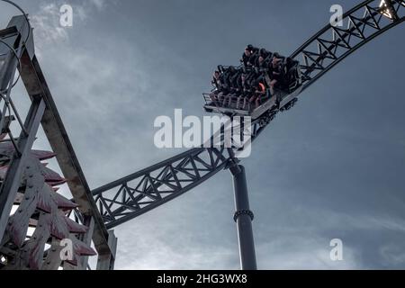 The Swarm and Saw the Ride (dal film) al Thorpe Park Theme Park, parco divertimenti, Londra, Inghilterra Foto Stock